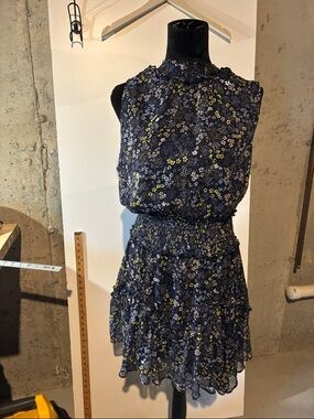 Sleeveless Navy Floral Midi Dress with Smocked Waist